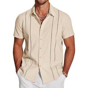 Men's Cream Short Sleeve Knit Shirt Casual Button Down Shirt Vintage Beach Tops